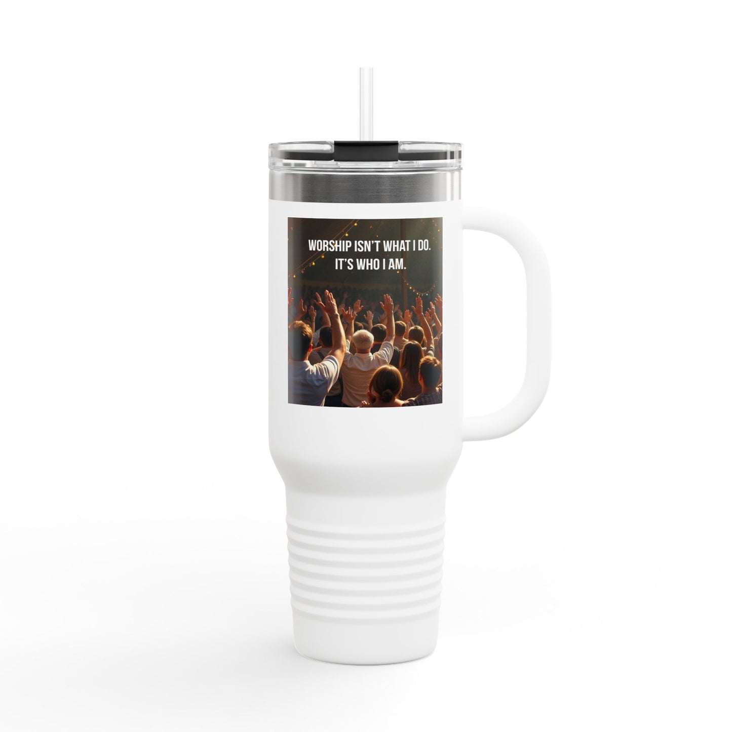 40oz Insulated Travel Mug — "Worship Isn't What I Do, It's Who I Am" Concert Crowd Design